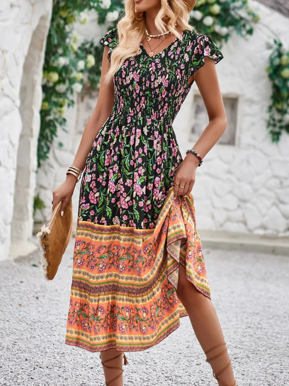 Printed Round Neck Cap Sleeve Dress