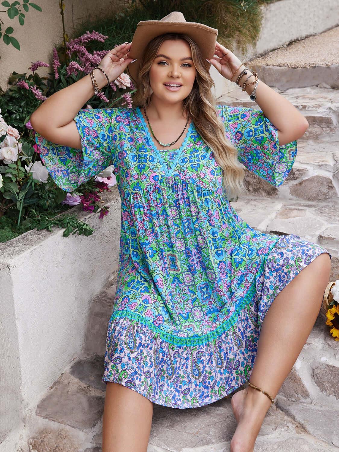 Plus Size Ruffled Hem Lace Detail Printed Half Sleeve Dress - Clothes For Her Online Store
