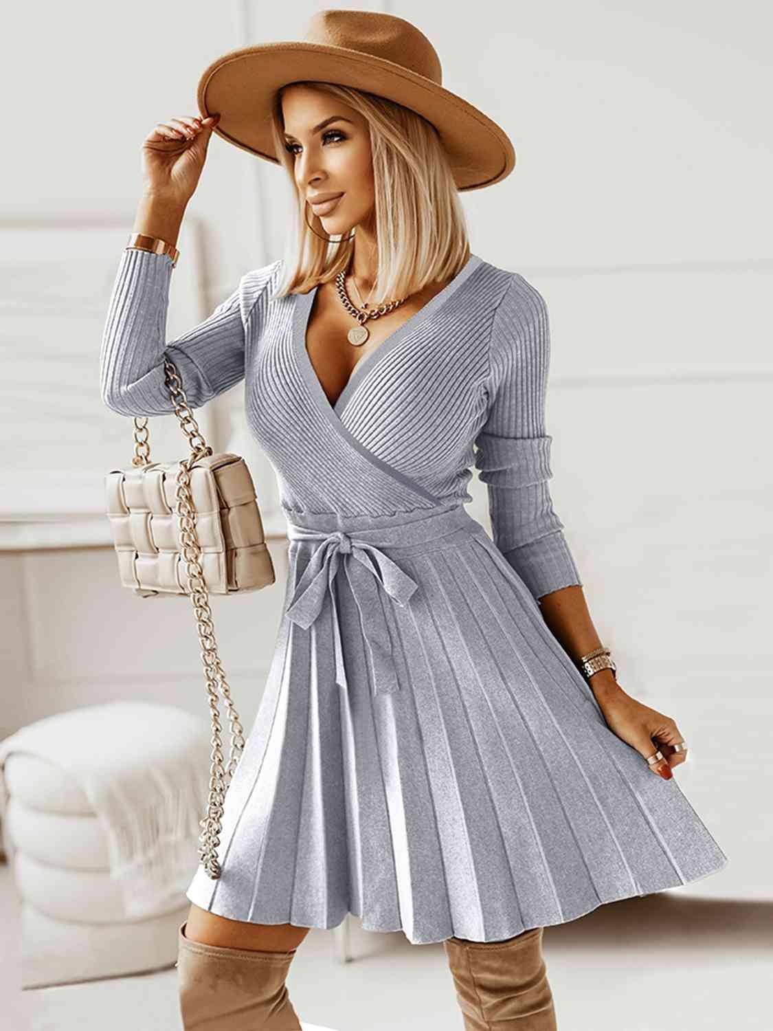 Surplice Neck Tie Front Pleated Sweater Dress - Clothes For Her Online Store