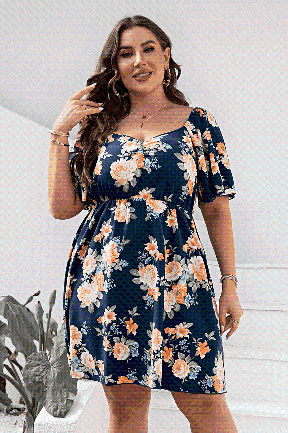 Plus Size Floral Print V-Neck Flutter Sleeve Mini Dress - Clothes For Her Online Store