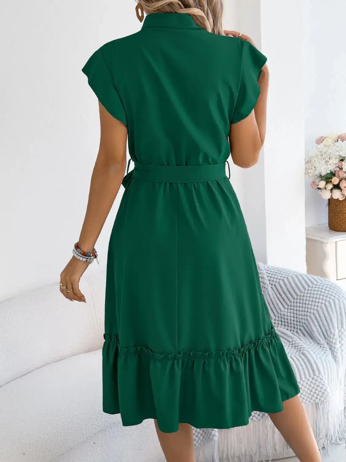 Tie Waist Ruffled Cap Sleeve Dress - Clothes For Her Online Store