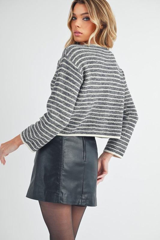 Aemi + Co Striped Button Down Round Neck Cardigan - Clothes For Her Online Store