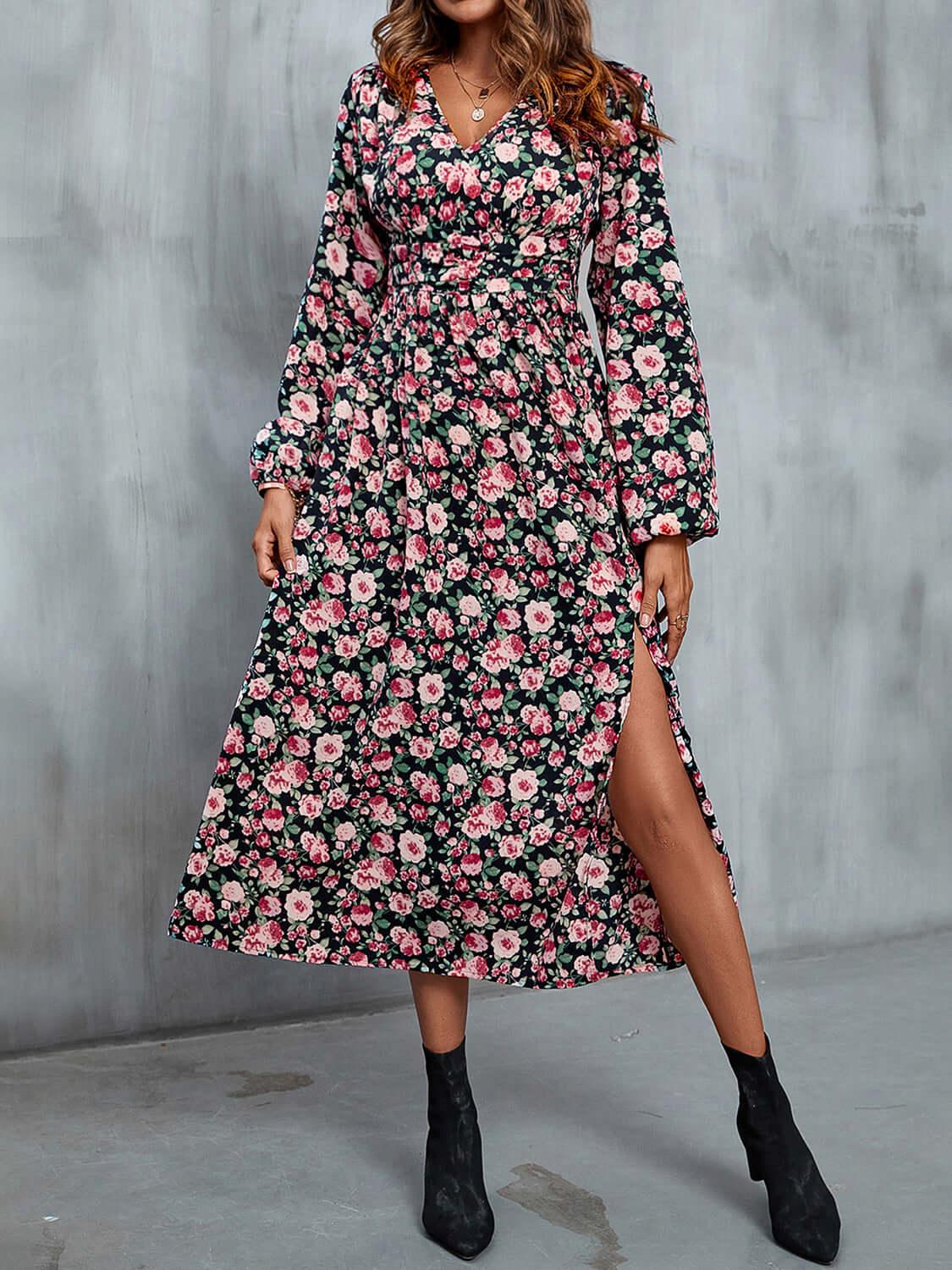 Perfee Floral V-Neck Slit Midi Dress - Clothes For Her Online Store