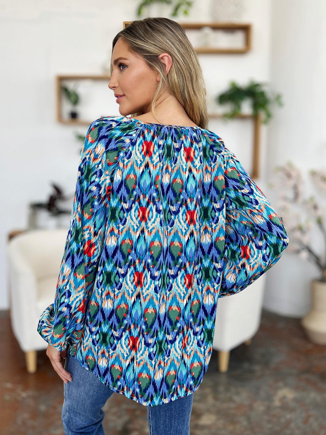 Double Take Full Size Printed Balloon Sleeve Blouse - Clothes For Her Online Store