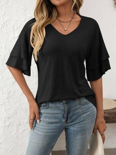 Mandy V-Neck Ruffle Half Sleeve Top - Clothes For Her Online Store