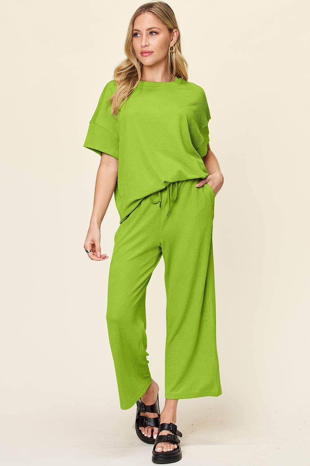 Double Take Full Size Texture Round Neck Short Sleeve T-Shirt and Wide Leg Pants - Clothes For Her Online Store
