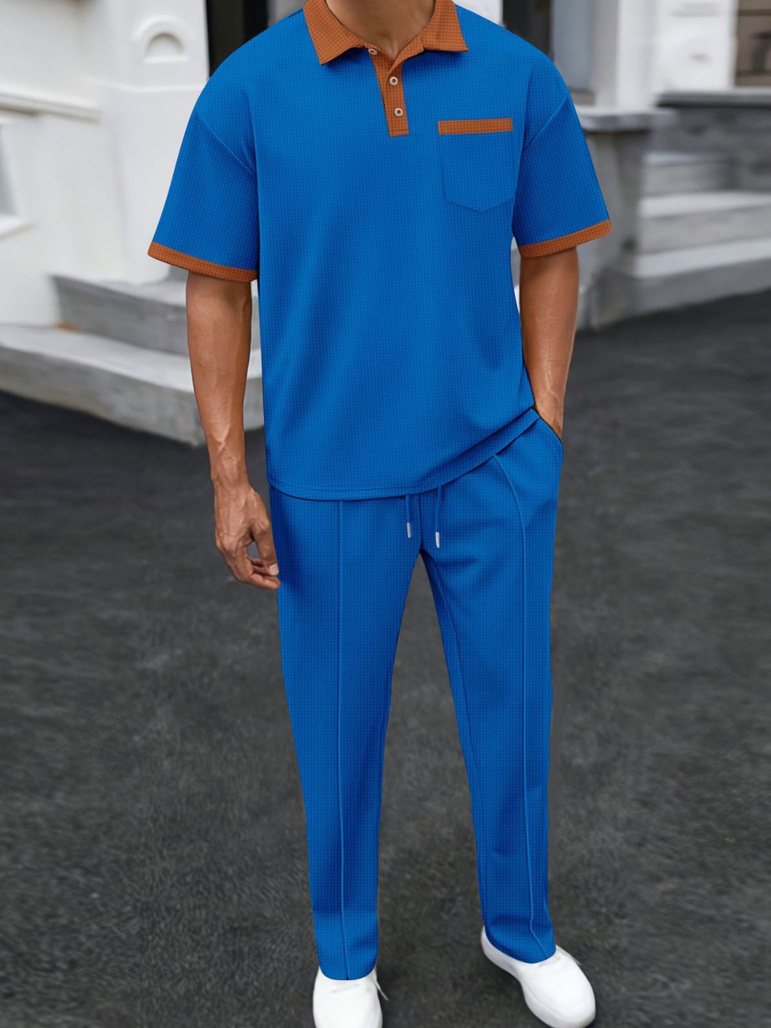 Men's Full Size Waffle-Knit Contrast Polo and Pants Set Plus Size - Clothes For Her Online Store