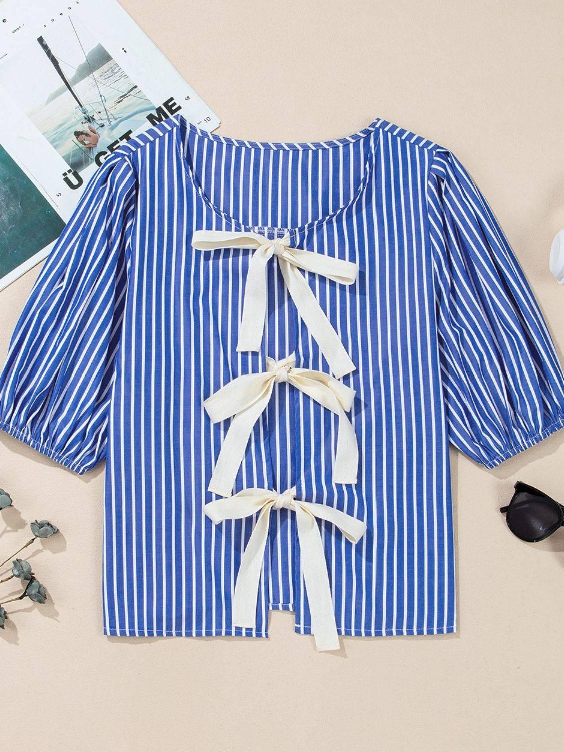 Stripe Tied Front Puff Short Sleeve Top - Clothes For Her Online Store