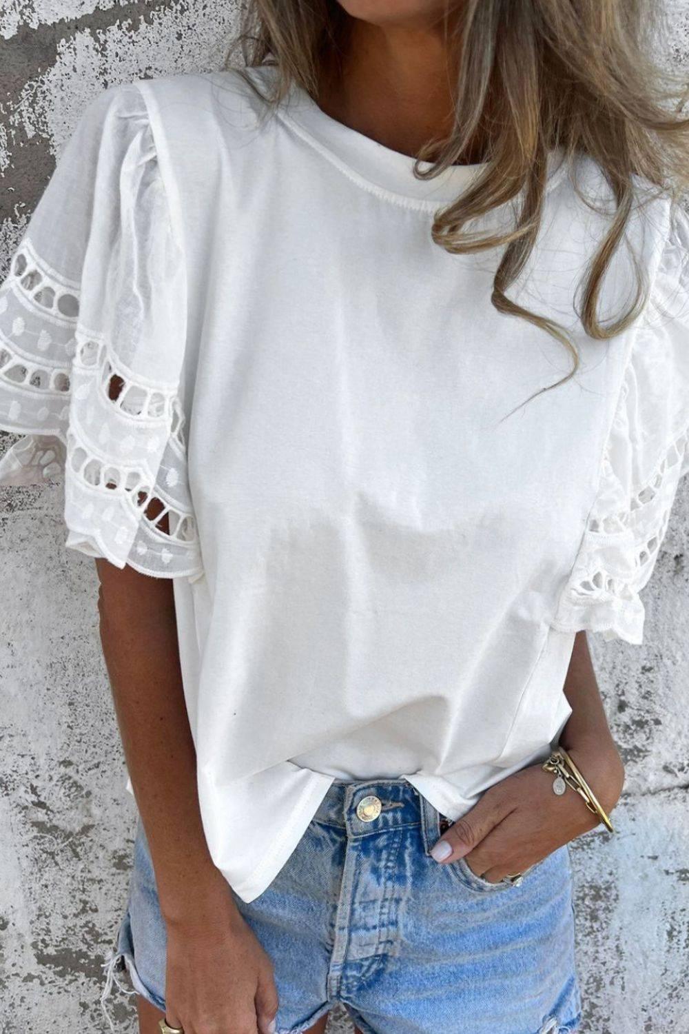 Hollow Out Embroidered Short Sleeve Round Neck Top - Clothes For Her Online Store