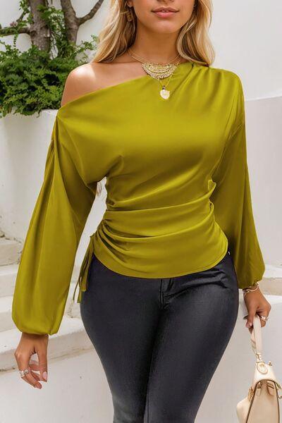 Drawstring One Shoulder Long Sleeve Blouse - Clothes For Her Online Store