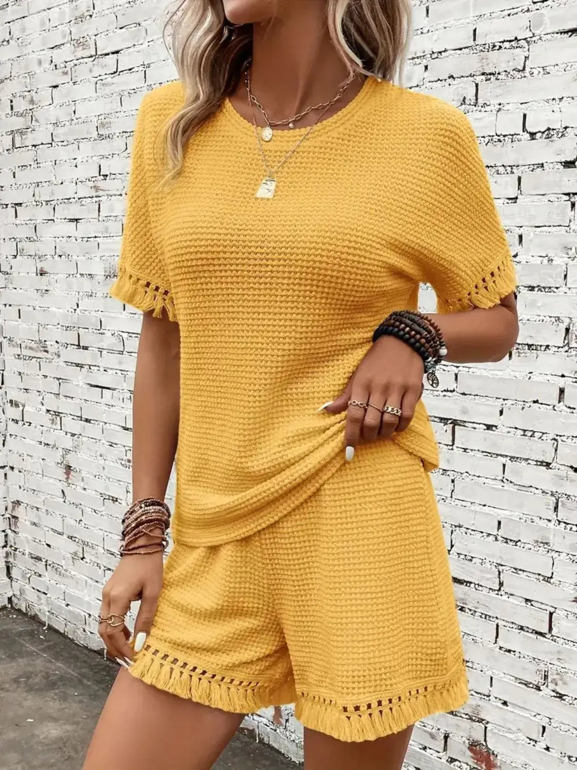Tassel Round Neck Top and Shorts Set - Clothes For Her Online Store