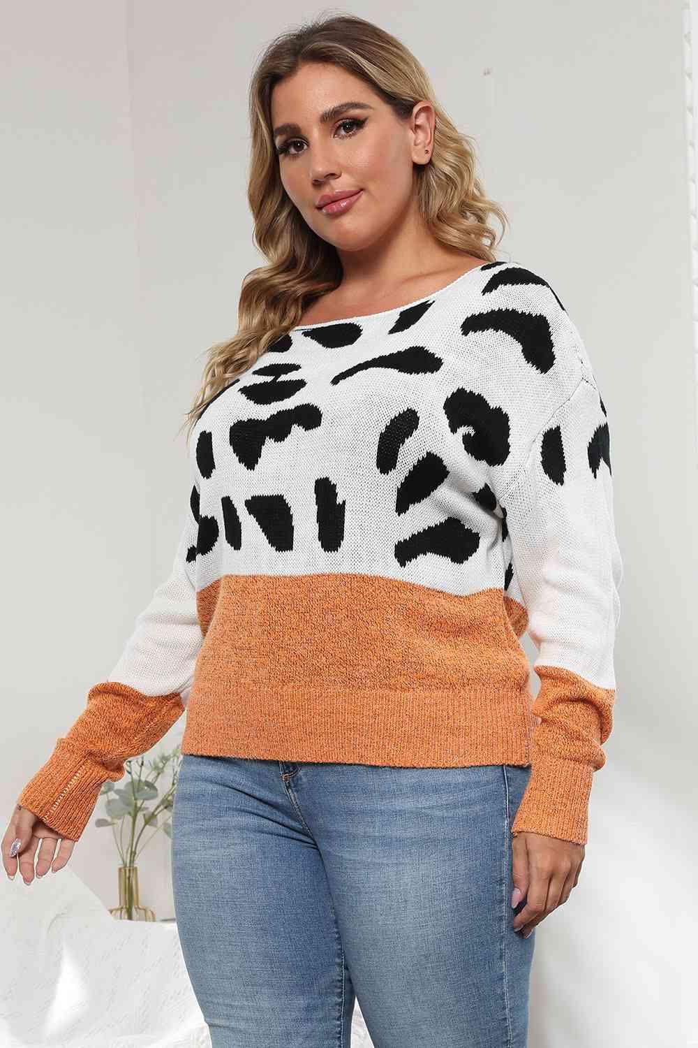 Plus Size Leopard Round Neck Long Sleeve Sweater - Clothes For Her Online Store