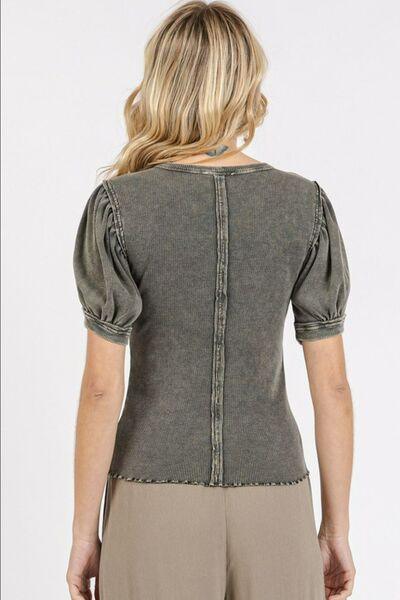 Mittoshop Mineral Wash Puff Sleeve Rib Knit Top - Clothes For Her Online Store