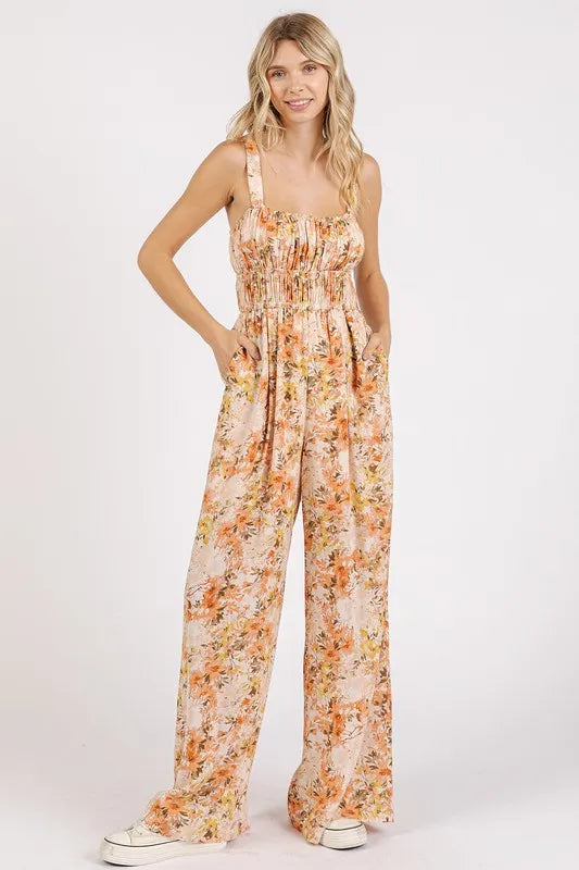 Mittoshop Flower Print Gathered Bust Sleeveless Jumpsuit - Clothes For Her Online Store