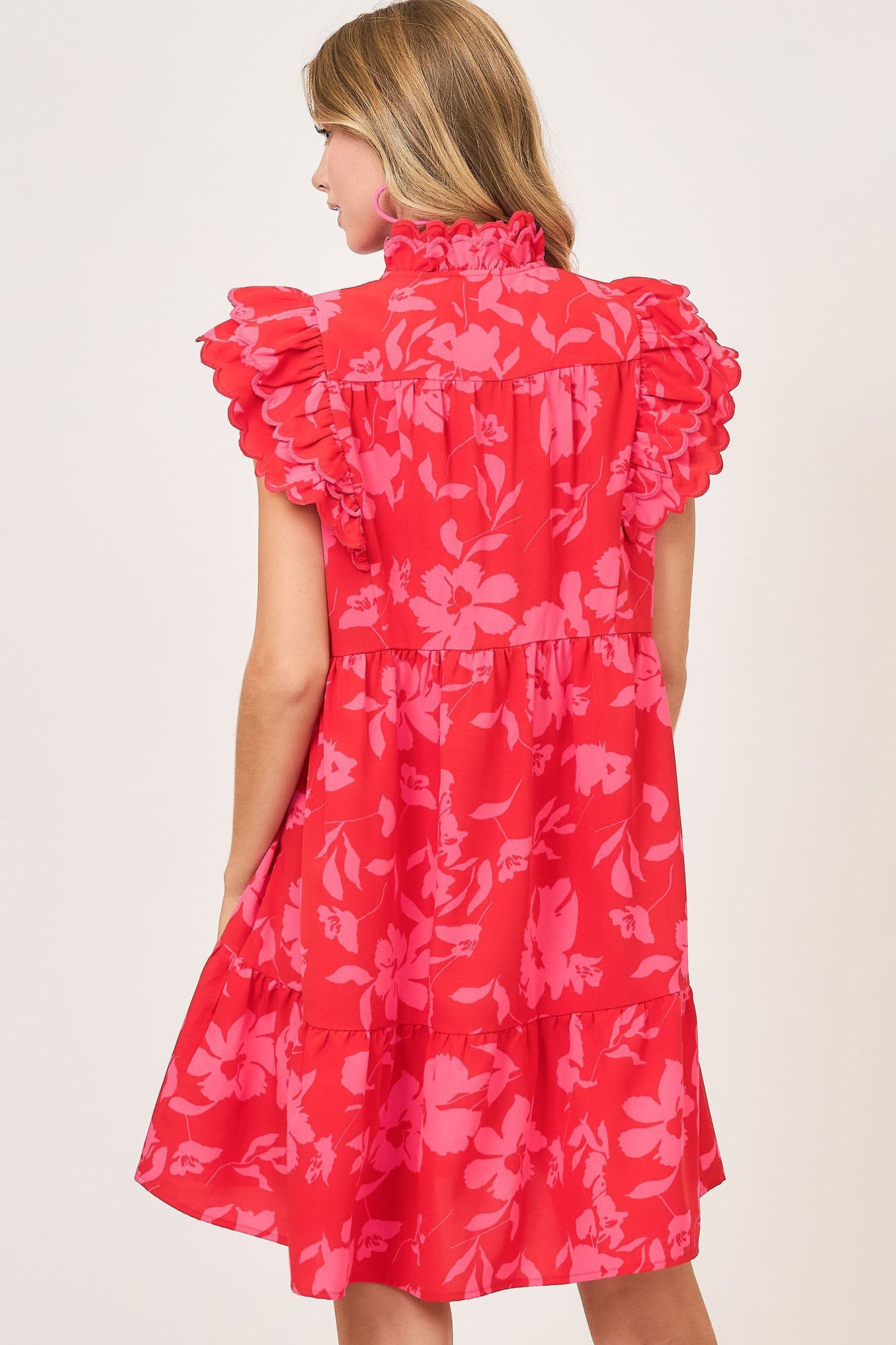 Umgee Full Size Two Tone Floral Print Ruffle Cap Sleeve Mini Dress Plus Size - Clothes For Her Online Store