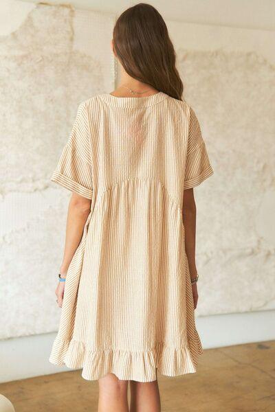 ADORA Ruffled Hem Striped V-Neck Babydoll Dress - Clothes For Her Online Store