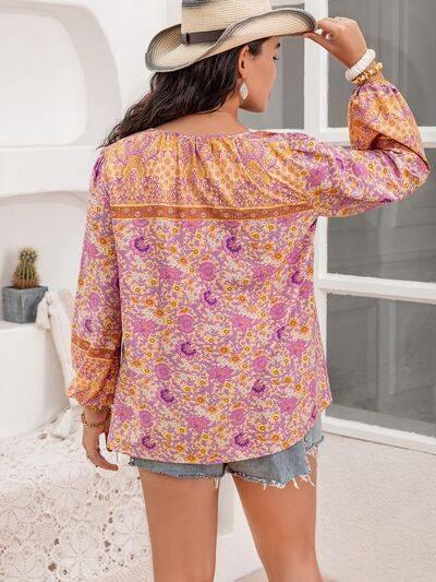 Plus Size Tie Neck Tassel Printed Blouse - Clothes For Her Online Store