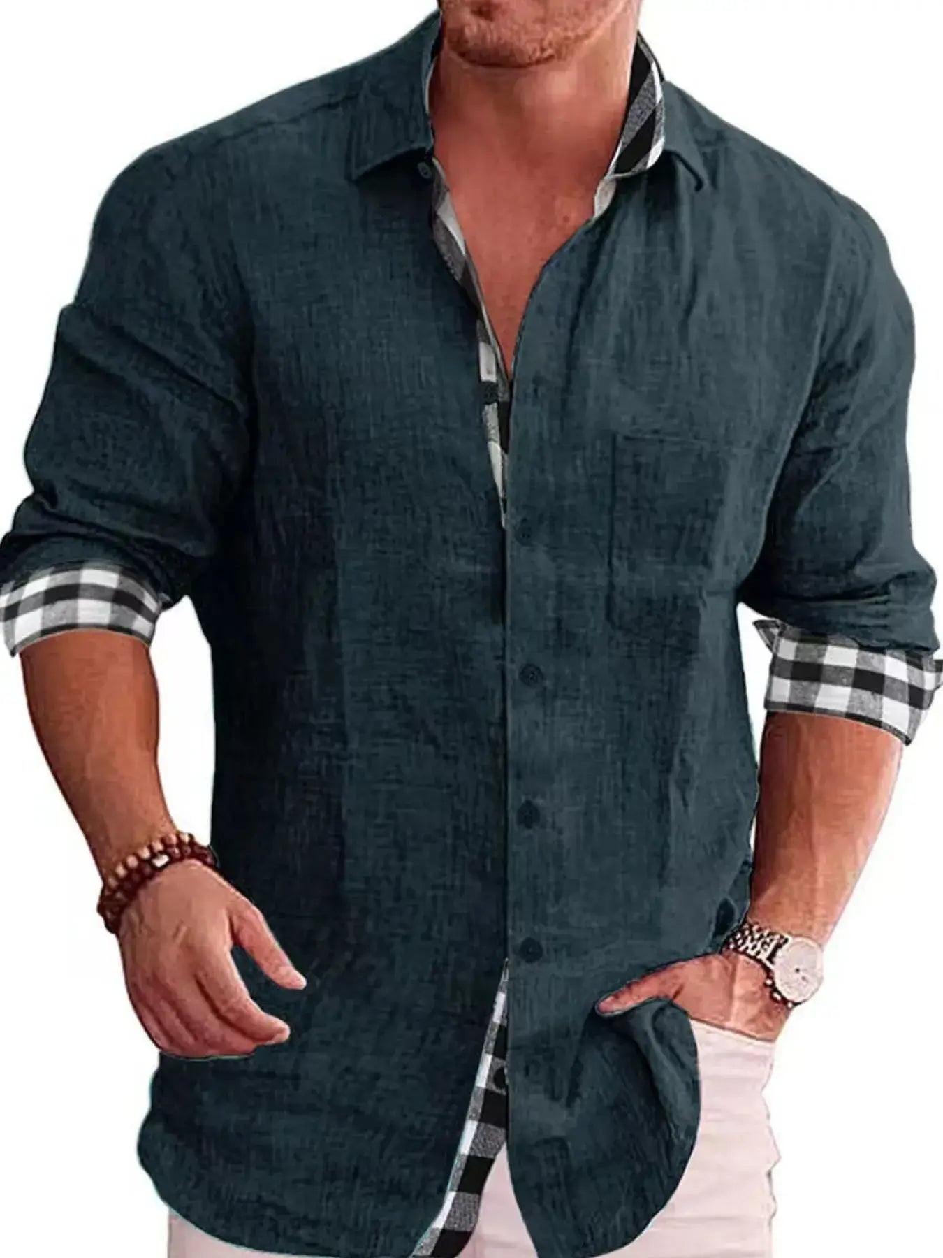 Men's Full Size Casual Linen Plaid-Trim Button Down Shirt Plus Size