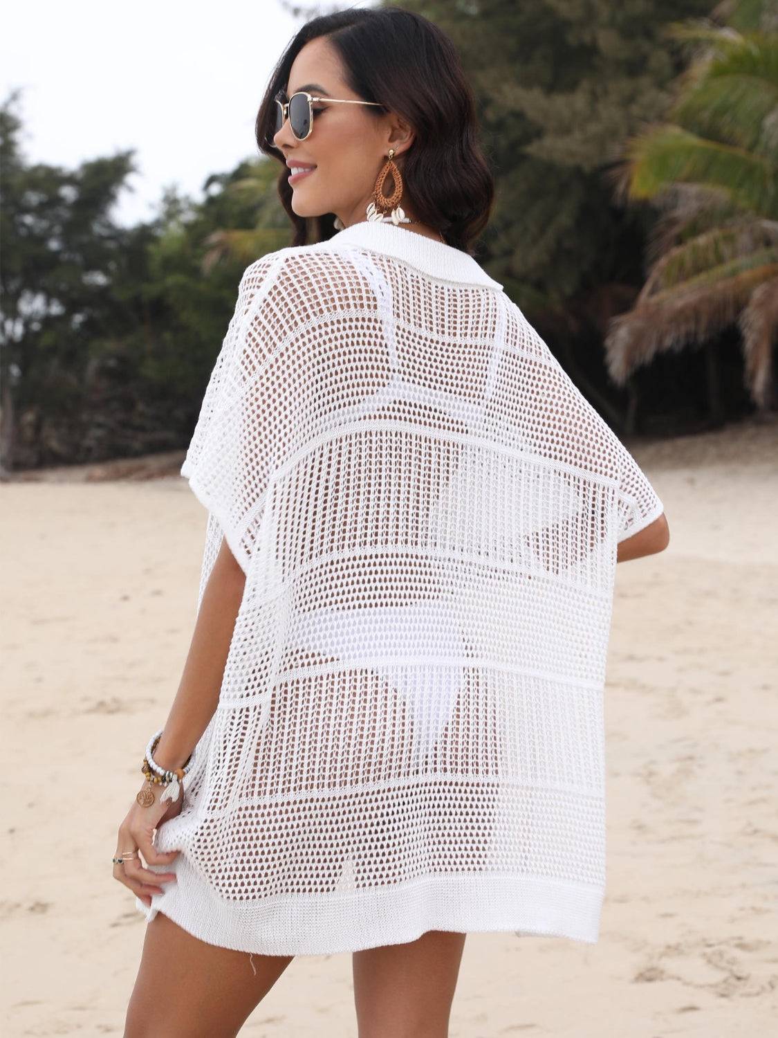 Hollow Out Collared Neck Cover-Up - Clothes For Her Online Store