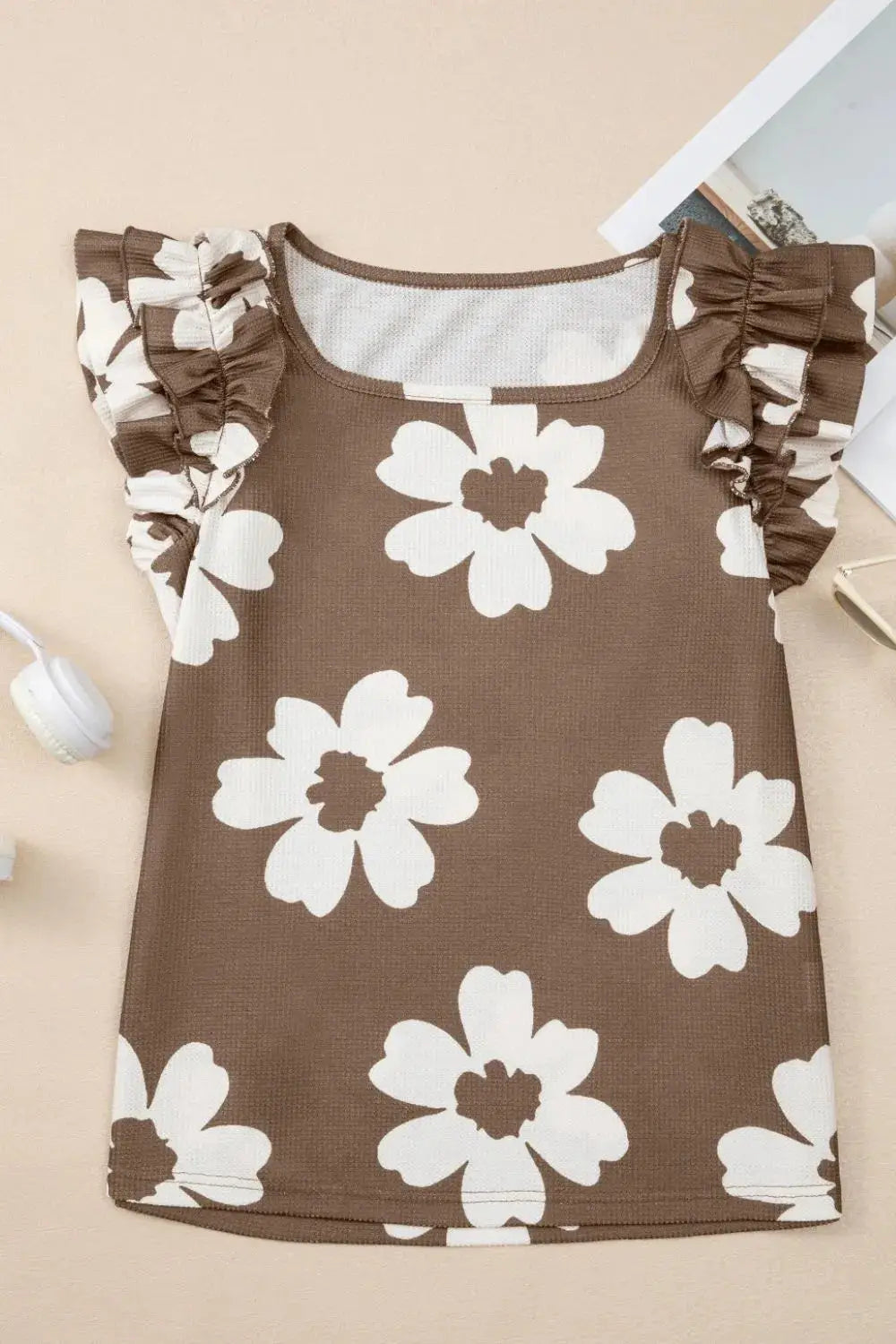 Floral Textured Ruffled Cap Sleeve Blouse - Clothes For Her Online Store
