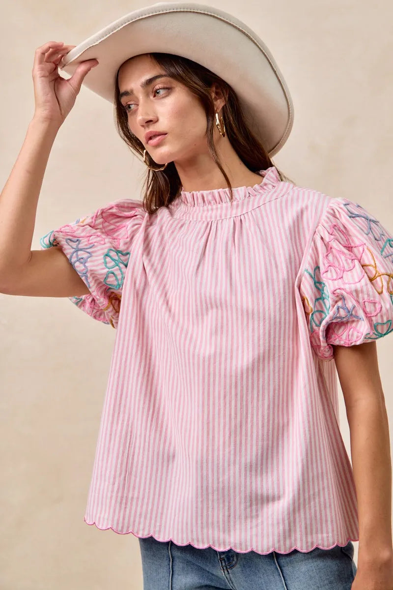 BiBi Embroidery Bubble Sleeve Top With Bottom Scallop Detail