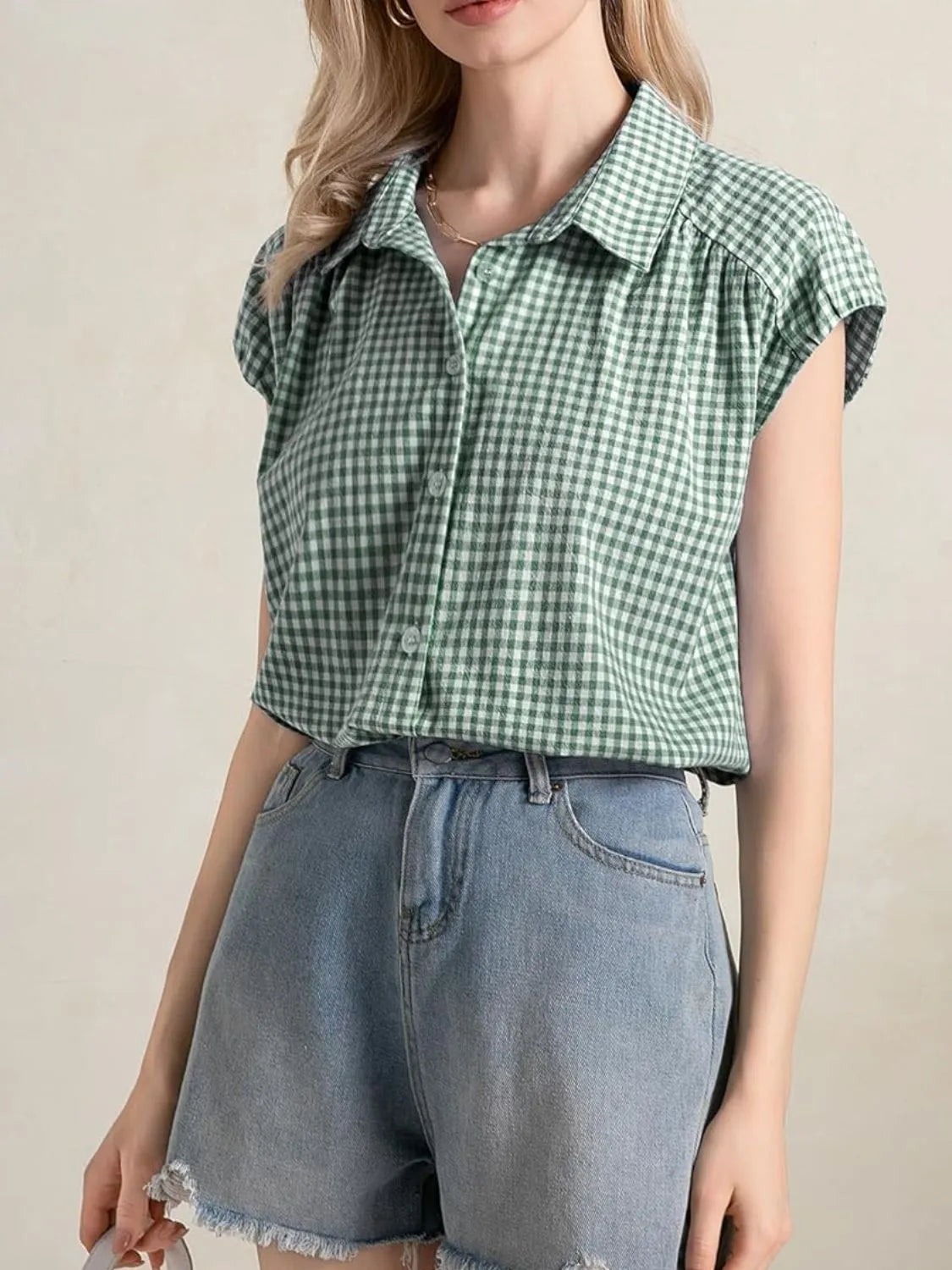 Plaid Button Up Cap Sleeve Shirt
