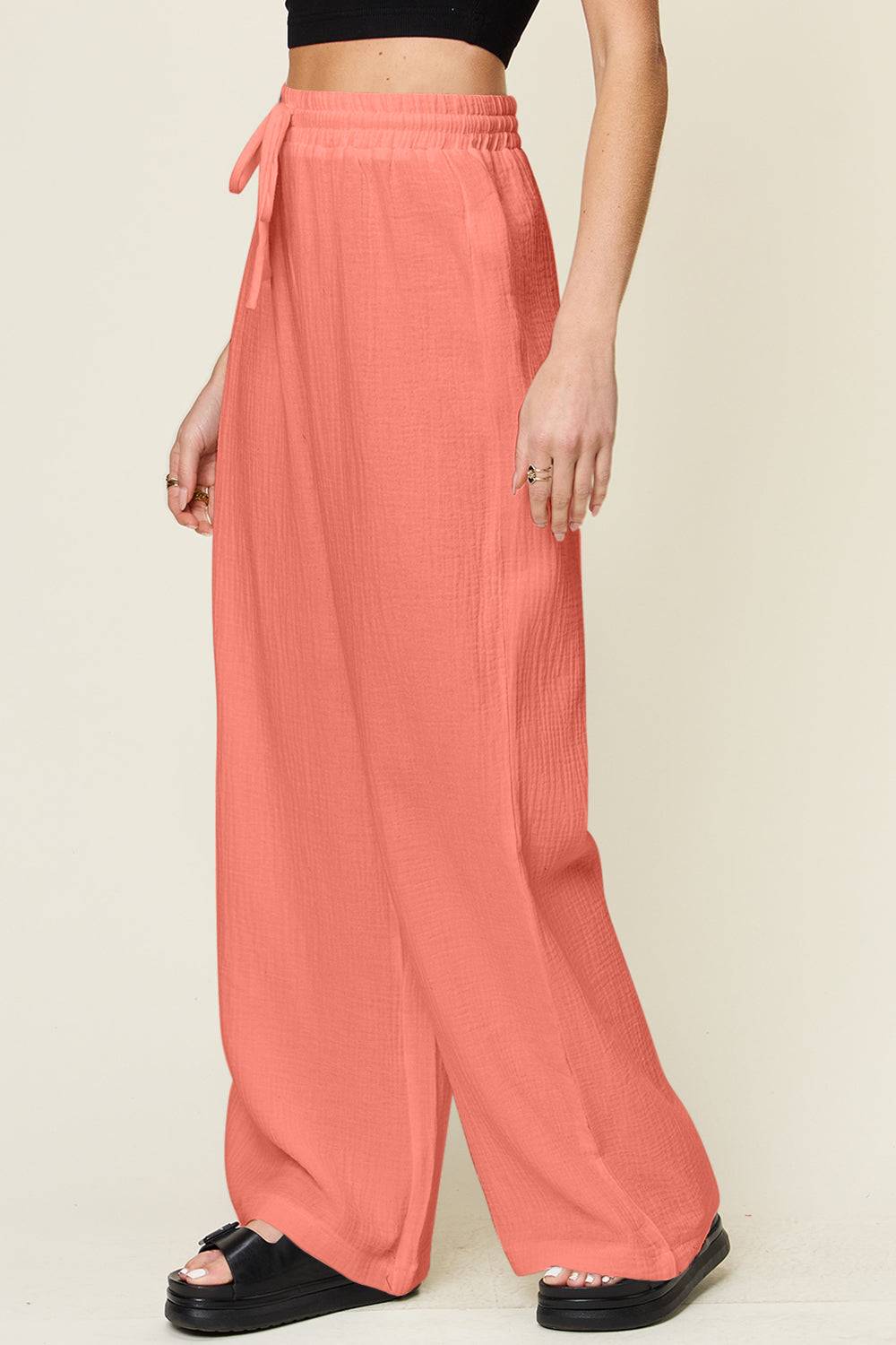 Double Take Full Size Texture Drawstring Wide Leg Pants - Clothes For Her Online Store
