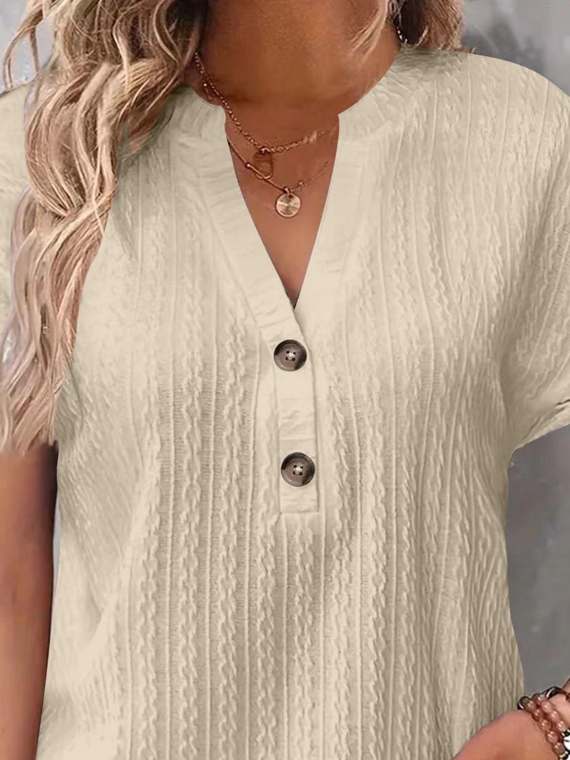 Textured Notched Short Sleeve Top - Clothes For Her Online Store