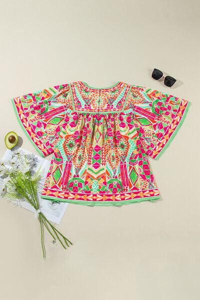 Plus Size Printed Round Neck Half Sleeve Blouse - Clothes For Her Online Store