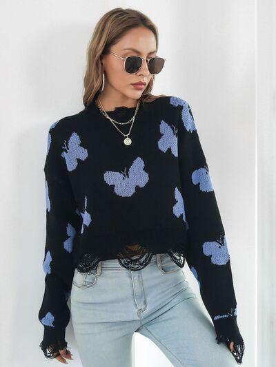 Distressed Butterfly Cropped Sweater - Clothes For Her Online Store