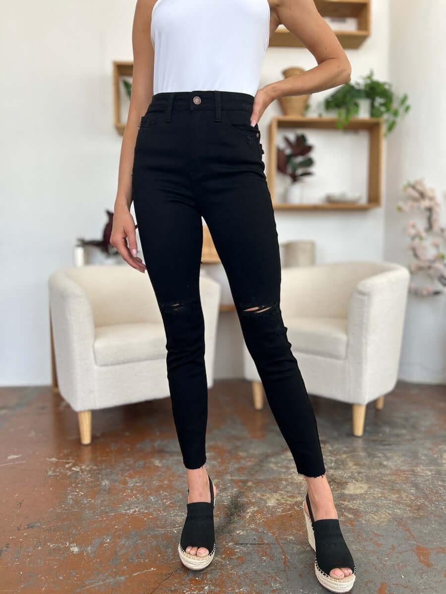 Judy Blue Full Size Distressed Tummy Control High Waist Skinny Jeans - Clothes For Her Online Store