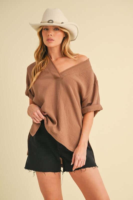 Aemi + Co Side Slit V-Neck Short Sleeve Blouse - Clothes For Her Online Store