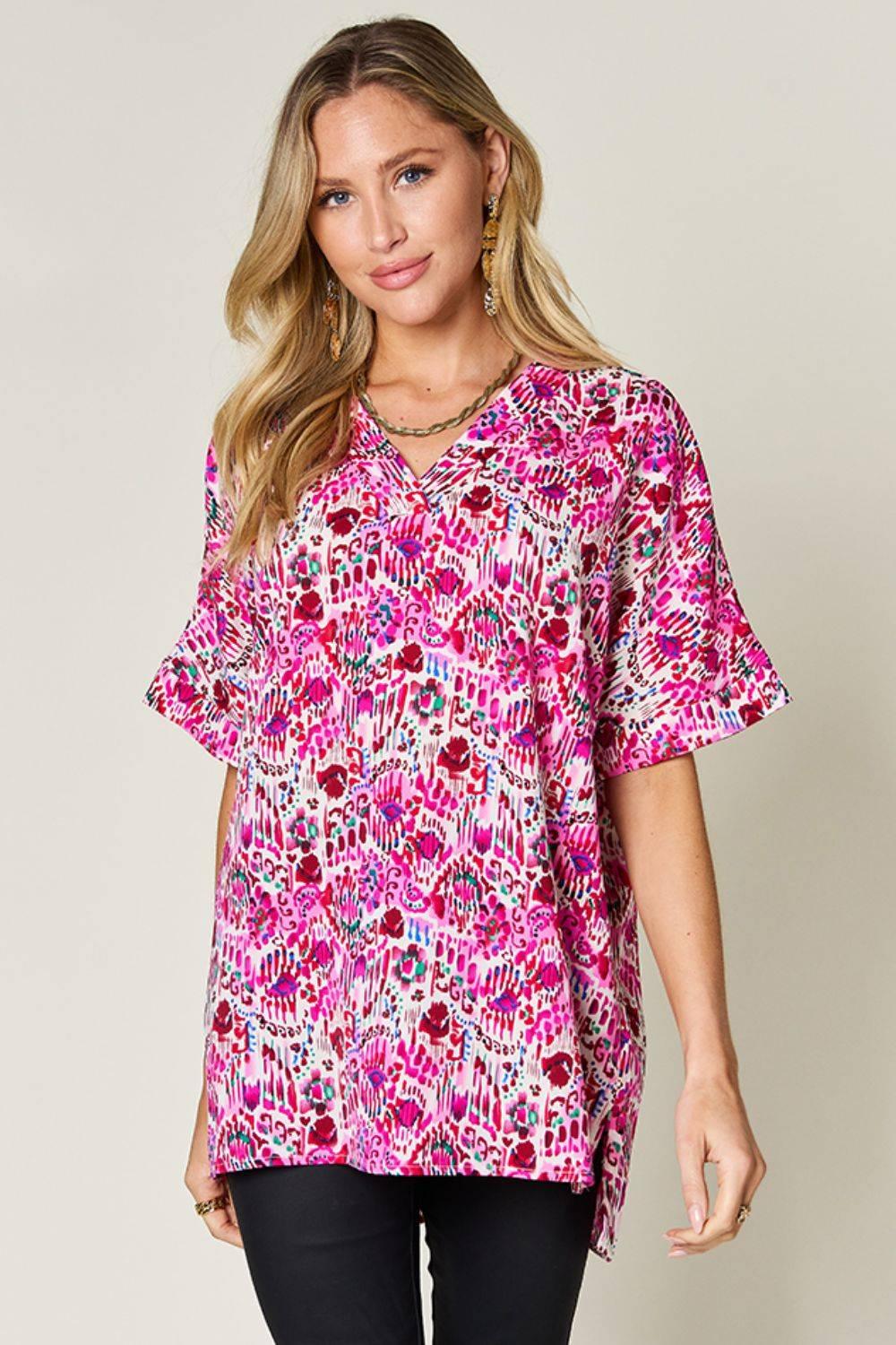 Double Take Full Size Printed V-Neck Short Sleeve Blouse - Clothes For Her Online Store