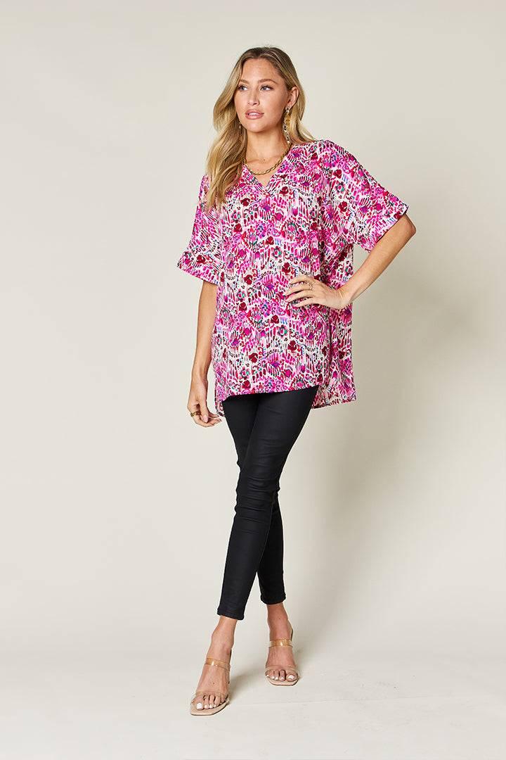 Double Take Full Size Printed V-Neck Short Sleeve Blouse - Clothes For Her Online Store