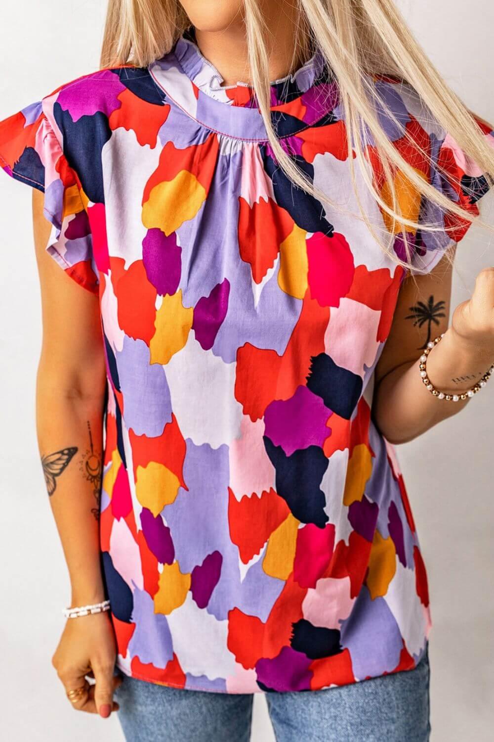 Frill Printed Mock Neck Cap Sleeve Blouse - Clothes For Her Online Store