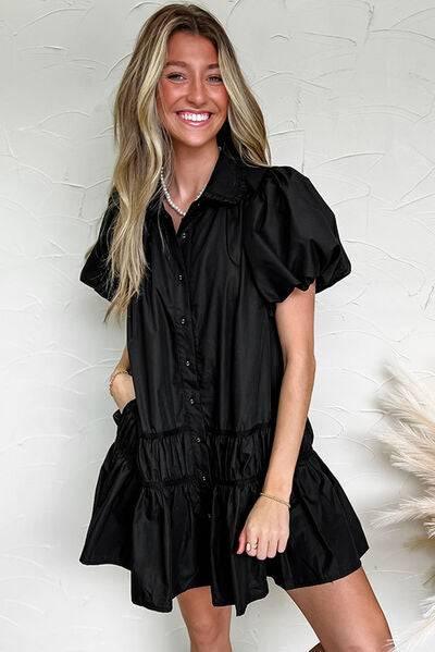 Button Down Puff Sleeve Ruffle Hem Dress - Clothes For Her Online Store