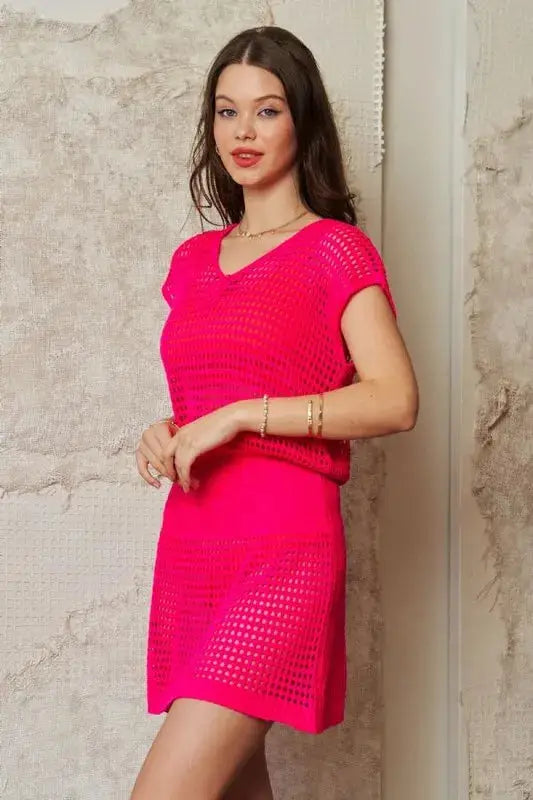 Davi & Dani Sleeveless V Neck Mesh Knit Cover Up Dress - Clothes For Her Online Store
