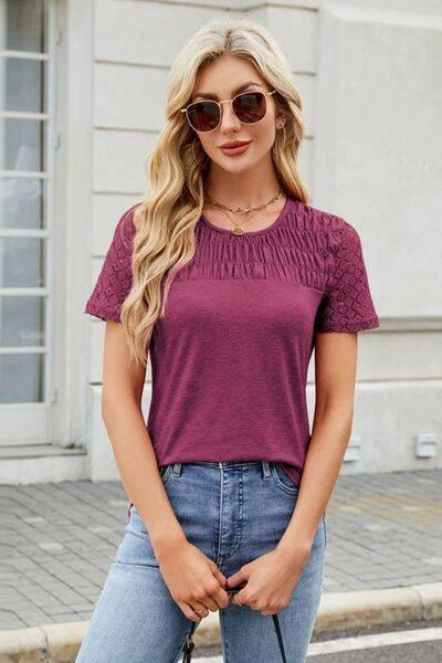 Smocked Round Neck Short Sleeve T-Shirt - Clothes For Her Online Store