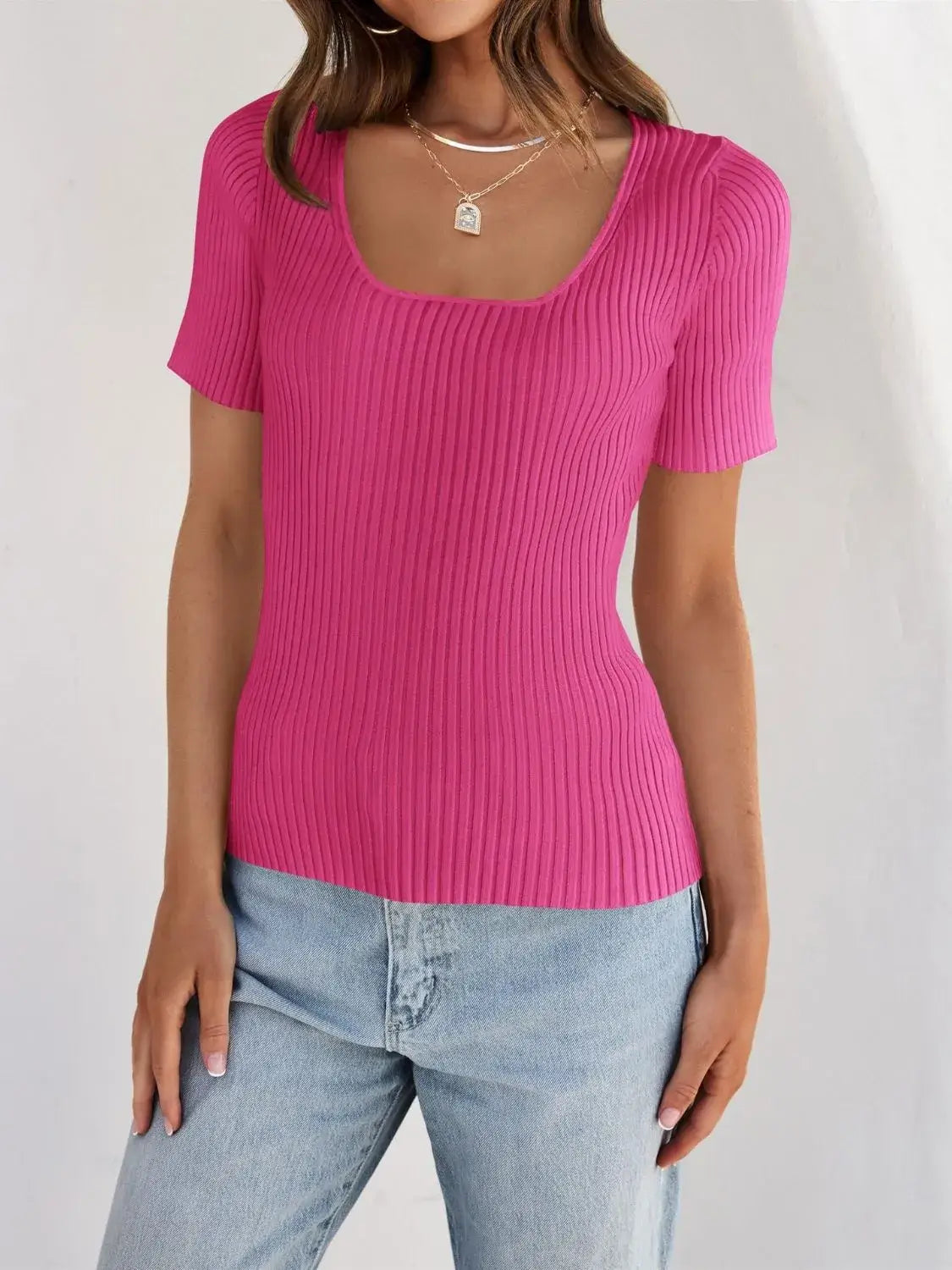 Ribbed Square Neck Short Sleeve Knit Top