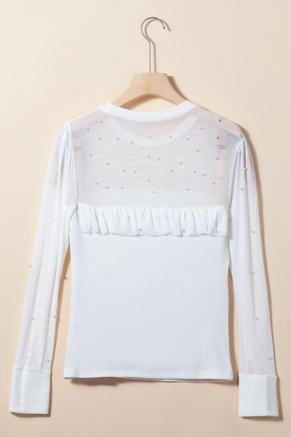 Pearl Decor Mesh Patchwork Ribbed Long Sleeve Top - Clothes For Her Online Store