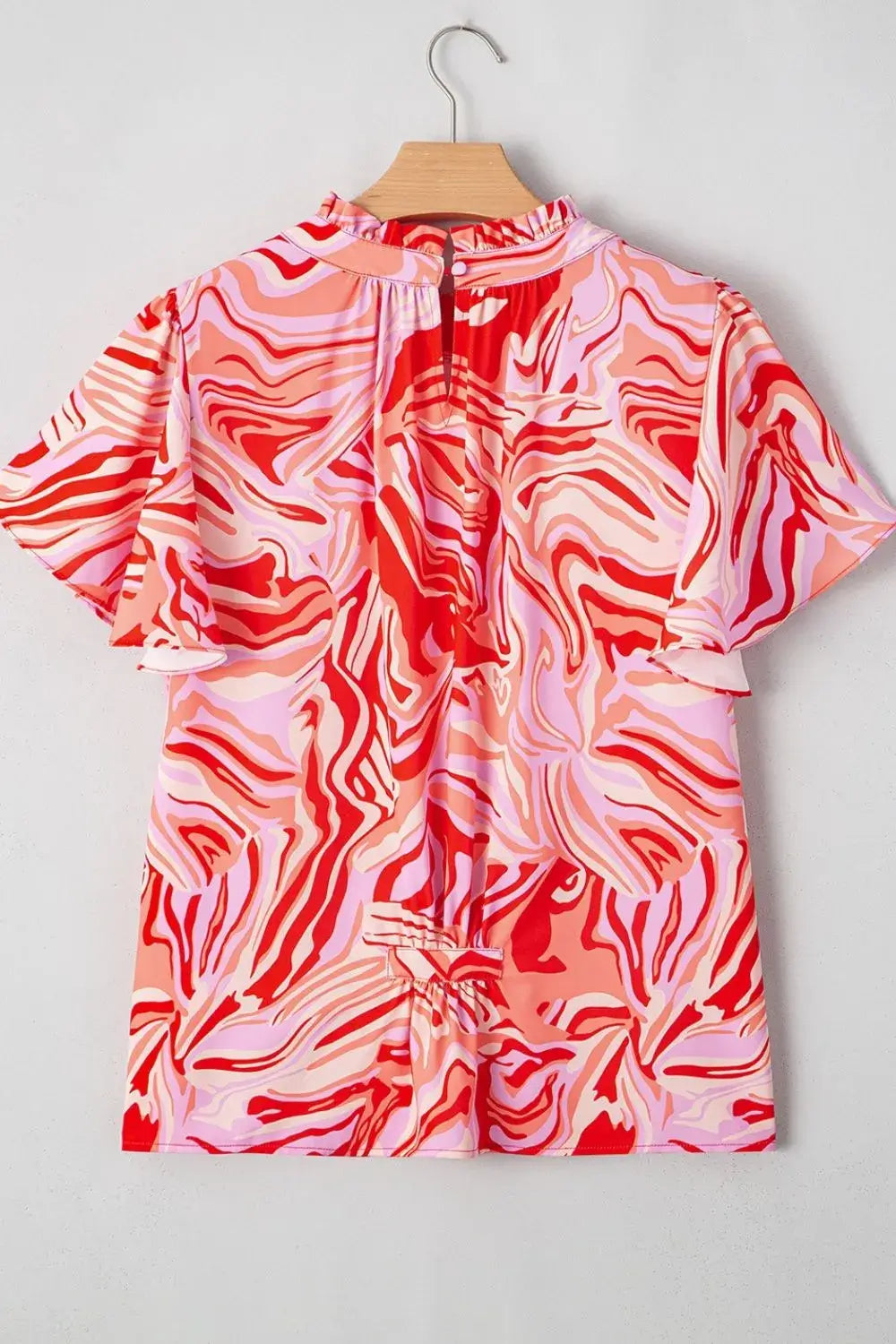 Abstract Print Ruffled Short Sleeve Mock Neck Blouse