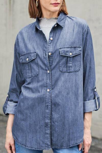 Pocketed Collared Neck Long Sleeve Denim Top - Clothes For Her Online Store