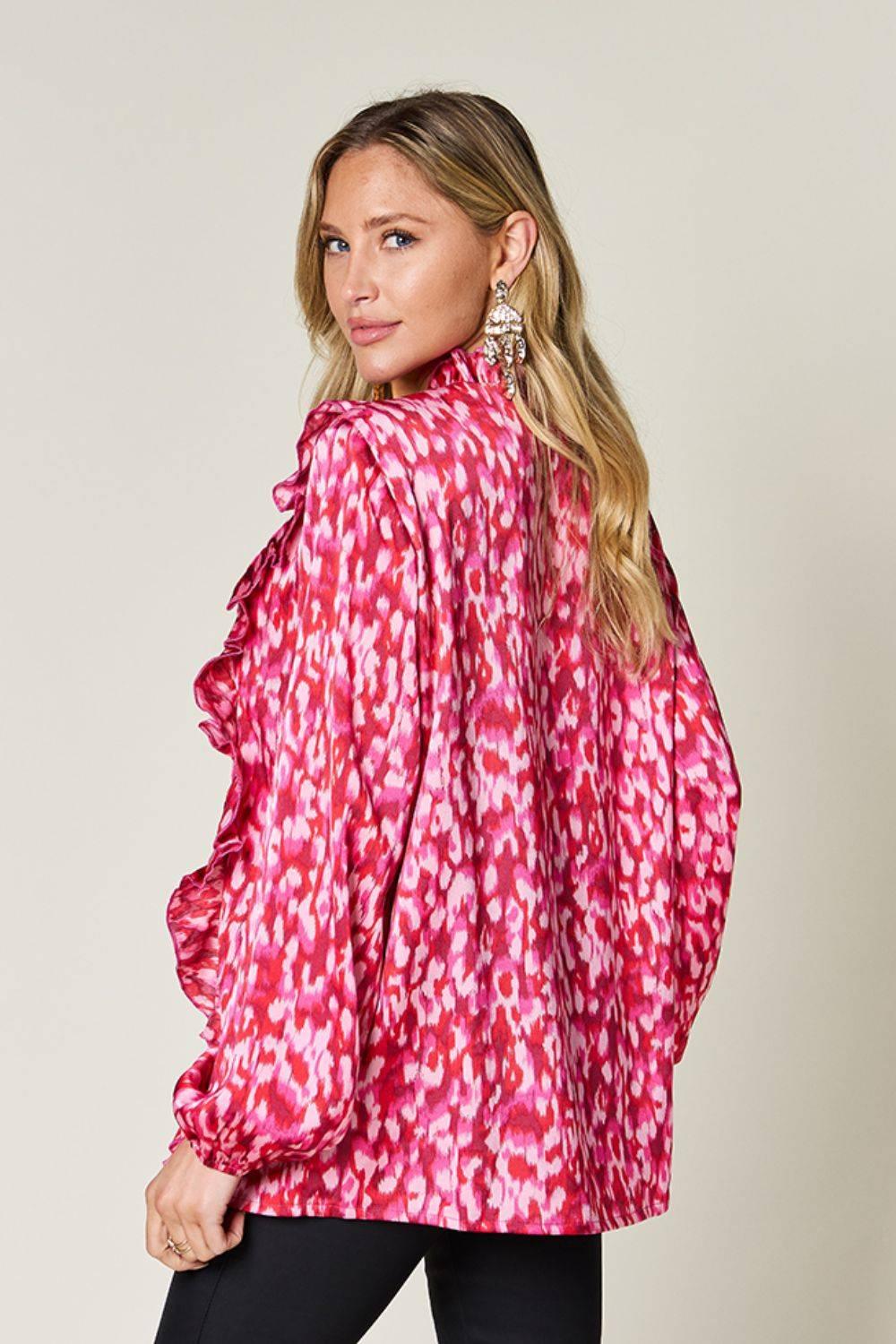 Double Take Full Size Printed Ruffle Trim Balloon Sleeve Shirt - Clothes For Her Online Store