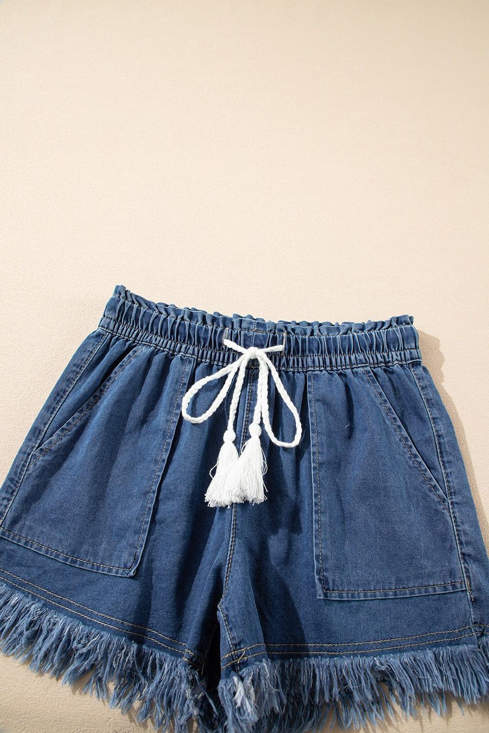 Raw Hem Drawstring High Waist Denim Shorts with Pockets - Clothes For Her Online Store