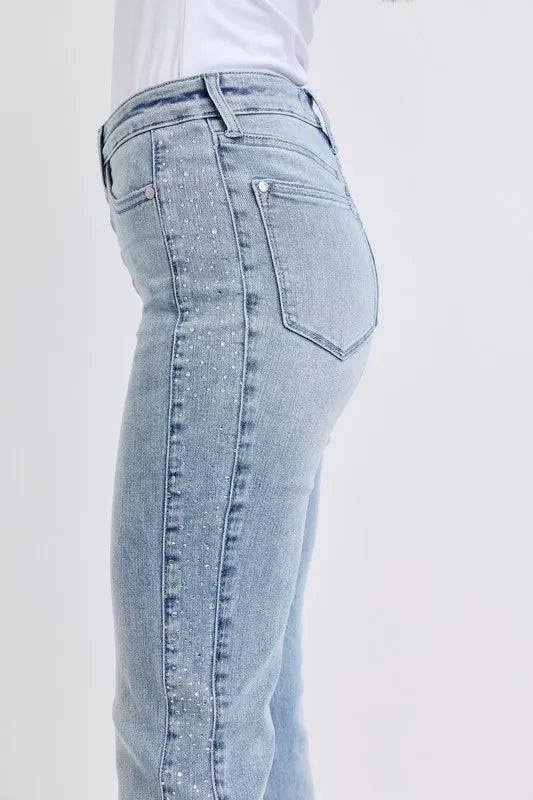Judy Blue Full Size Midi Rise Rhinestone Side Panel Detail Flare Jeans Plus Size