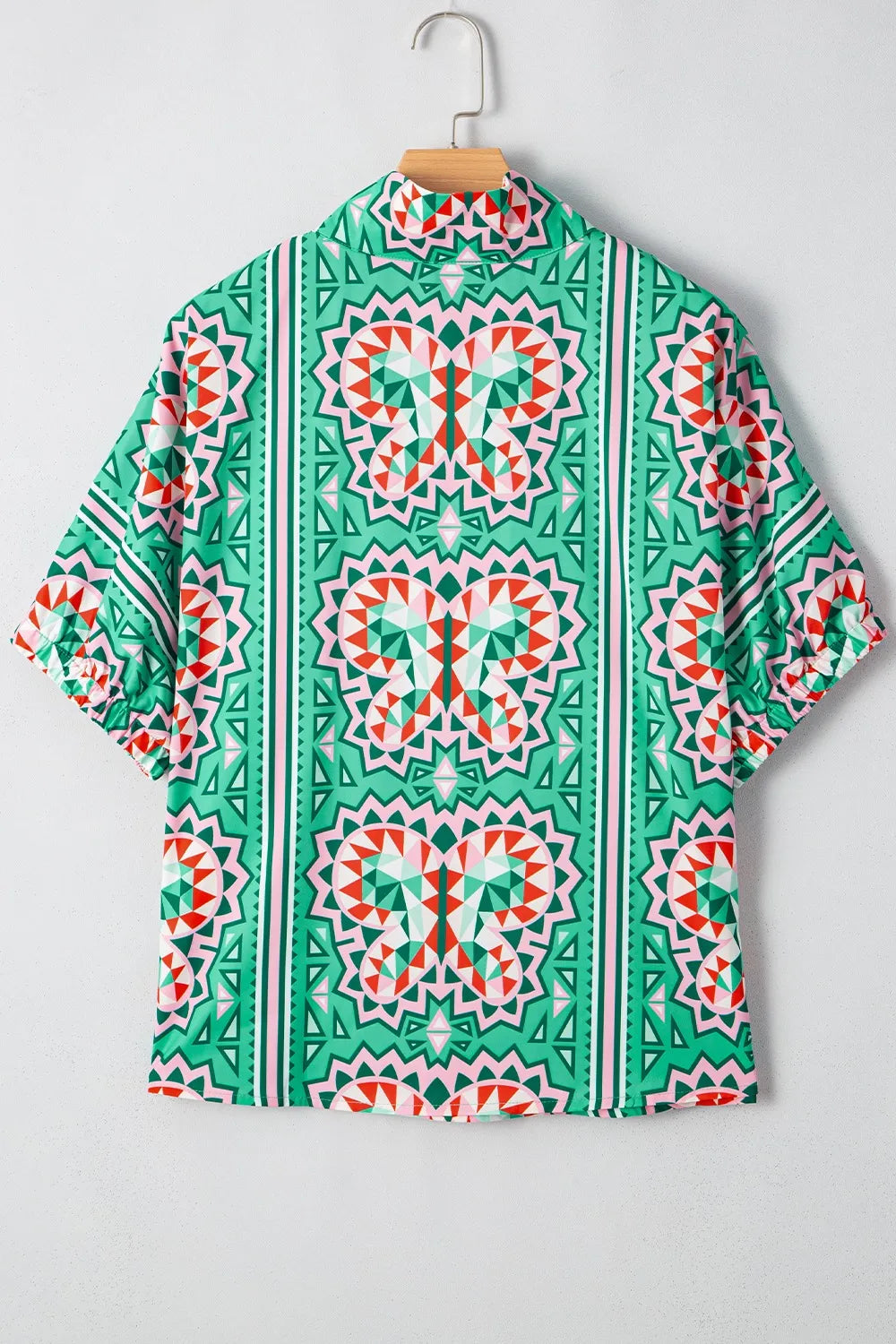 Boho Abstract Print Contrast Striped Collared V Neck Blouse