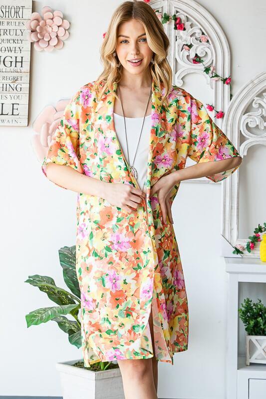 Heimish Full Size Half Sleeve Multi Color Floral Open Cardigan Plus Size - Clothes For Her Online Store