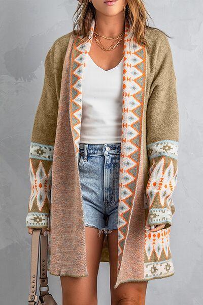 Geometric Open Front Long Sleeve Cardigan - Clothes For Her Online Store