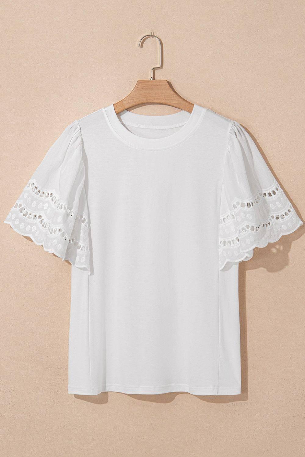 Hollow Out Embroidered Short Sleeve Round Neck Top - Clothes For Her Online Store