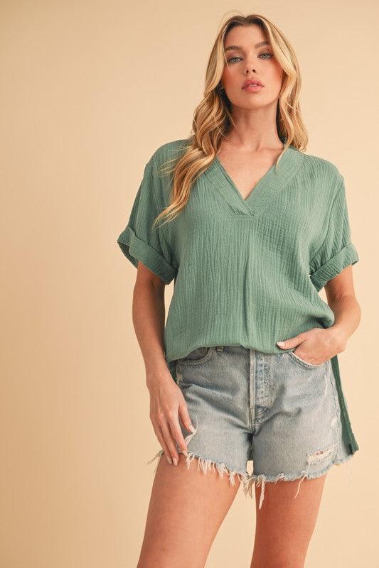 Aemi + Co Side Slit V-Neck Short Sleeve Blouse - Clothes For Her Online Store